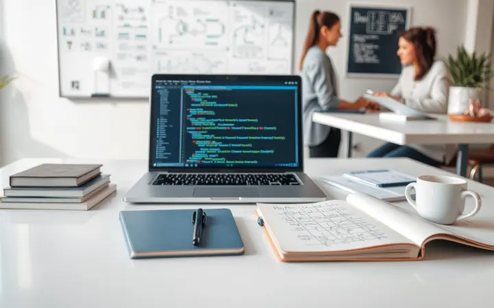 技术团队学习Python的场景，桌上有笔记本电脑、笔记和咖啡